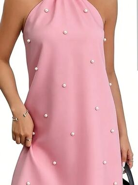 HYZ  Pearl Beaded Halter Twist Sleeveless Tie Back A Line Dress